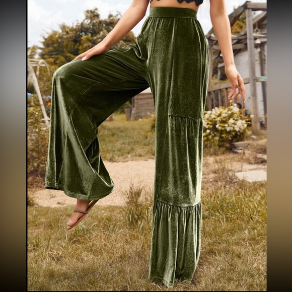 Luxe Velvet Wide Leg Palazzo Pants Green - Picture 4 of 5